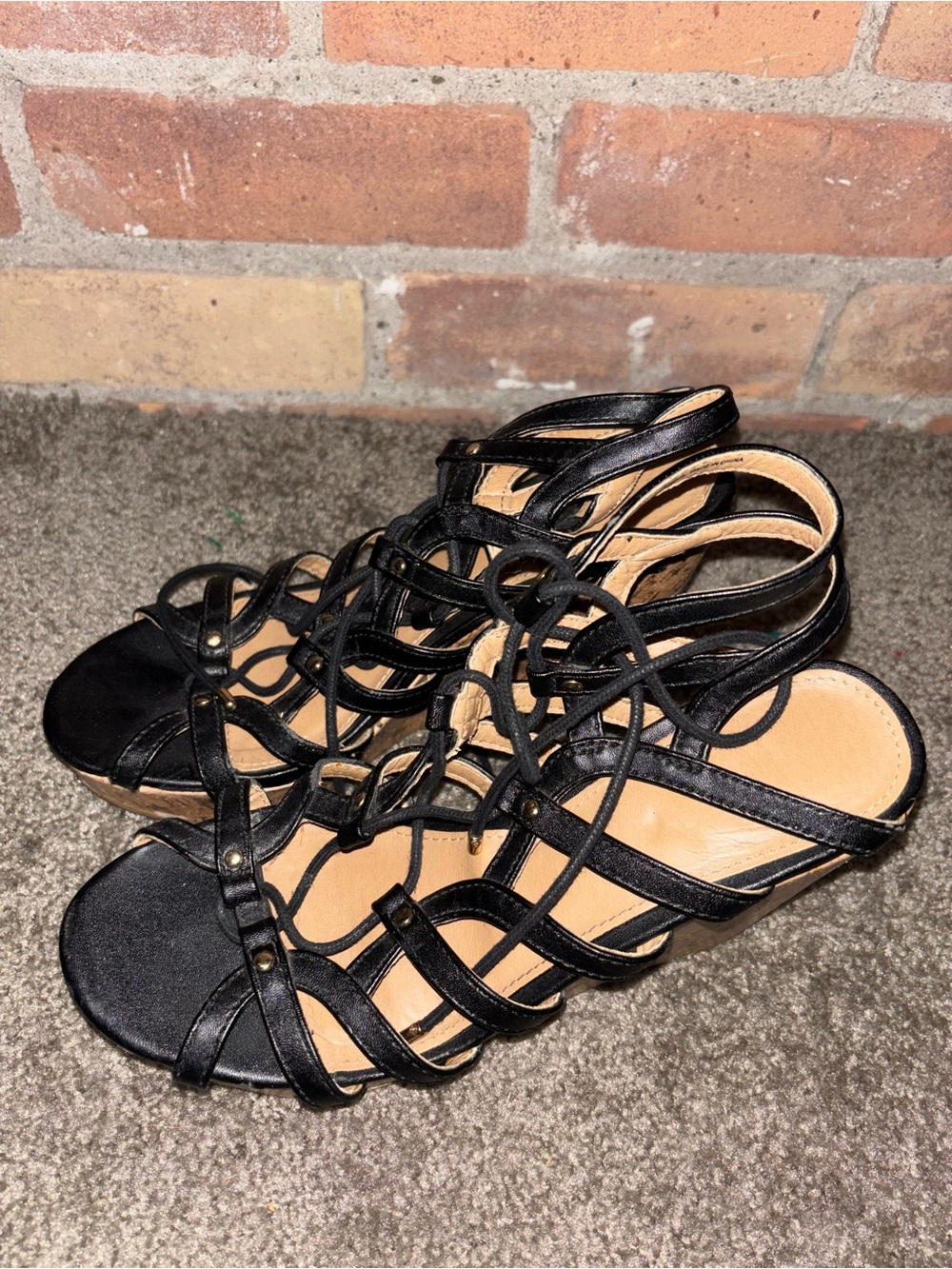Brash Women's Black Strappy Lace-Up Wedge Sandals